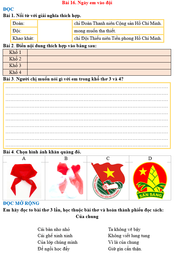 Bài tập hàng ngày Tiếng Việt lớp 3 Bài 16: Ngày em vào đội | Kết nối tri thức