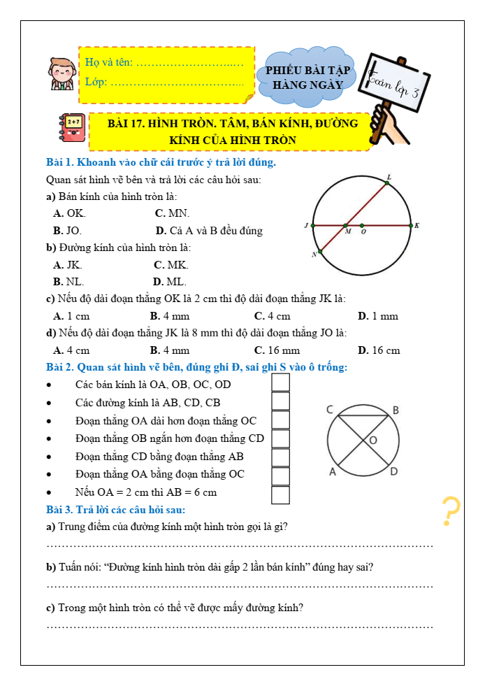Bài tập hàng ngày Toán lớp 3 Bài 17: Hình tròn. Tâm, bán kính, đường kính của hình tròn | Kết nối tri thức