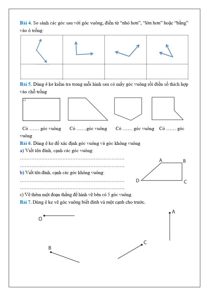 Bài tập hàng ngày Toán lớp 3 Bài 18: Góc, góc vuông, góc không vuông | Kết nối tri thức