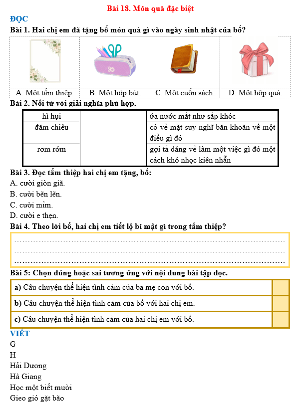 Bài tập hàng ngày Tiếng Việt lớp 3 Bài 18: Món quà đặc biệt | Kết nối tri thức