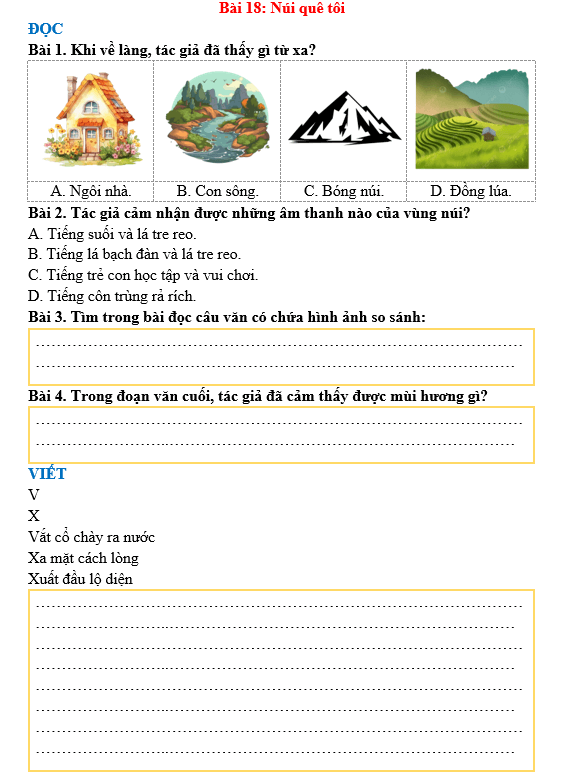 Bài tập hàng ngày Tiếng Việt lớp 3 Bài 18: Núi quê tôi | Kết nối tri thức