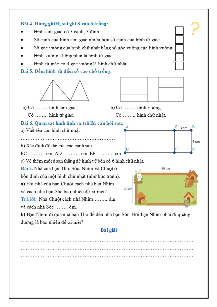 Bài tập hàng ngày Toán lớp 3 Bài 19: Hình tam giác, hình tứ giác. Hình chữ nhật, hình vuông | Kết nối tri thức