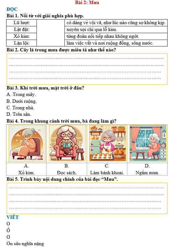 Bài tập hàng ngày Tiếng Việt lớp 3 Bài 2: Mưa | Kết nối tri thức