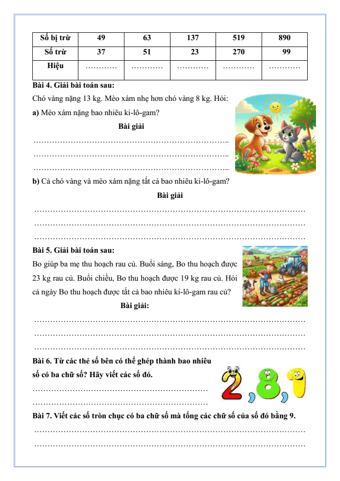 Bài tập hàng ngày Toán lớp 3 Bài 2: Ôn tập phép cộng, phép trừ trong phạm vi 1000 | Kết nối tri thức