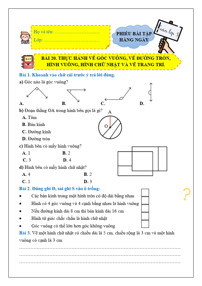 Bài tập hàng ngày Toán lớp 3 Bài 20: Thực hành vẽ góc vuông, vẽ đường tròn, hình vuông, hình chữ nhật và vẽ trang trí | Kết nối tri thức