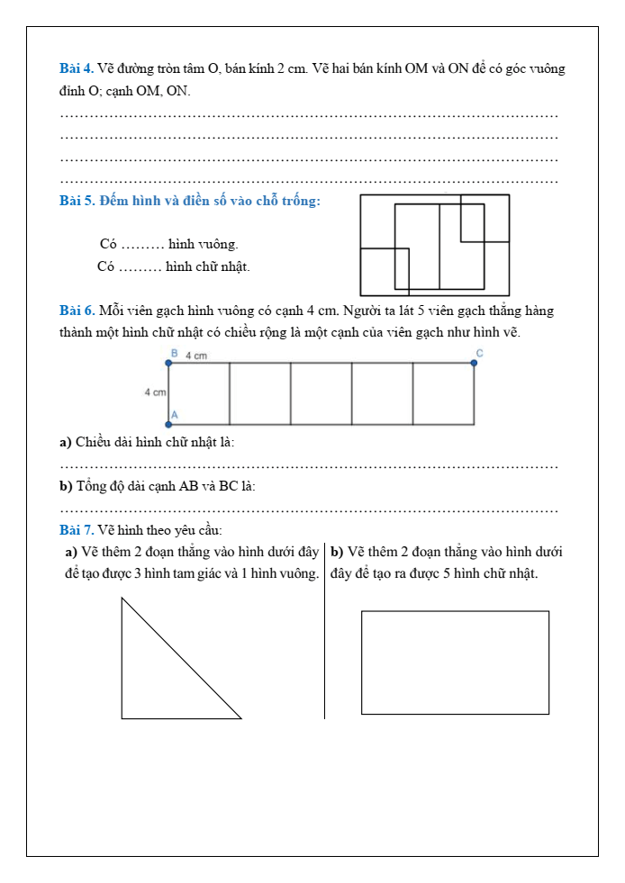 Bài tập hàng ngày Toán lớp 3 Bài 20: Thực hành vẽ góc vuông, vẽ đường tròn, hình vuông, hình chữ nhật và vẽ trang trí | Kết nối tri thức