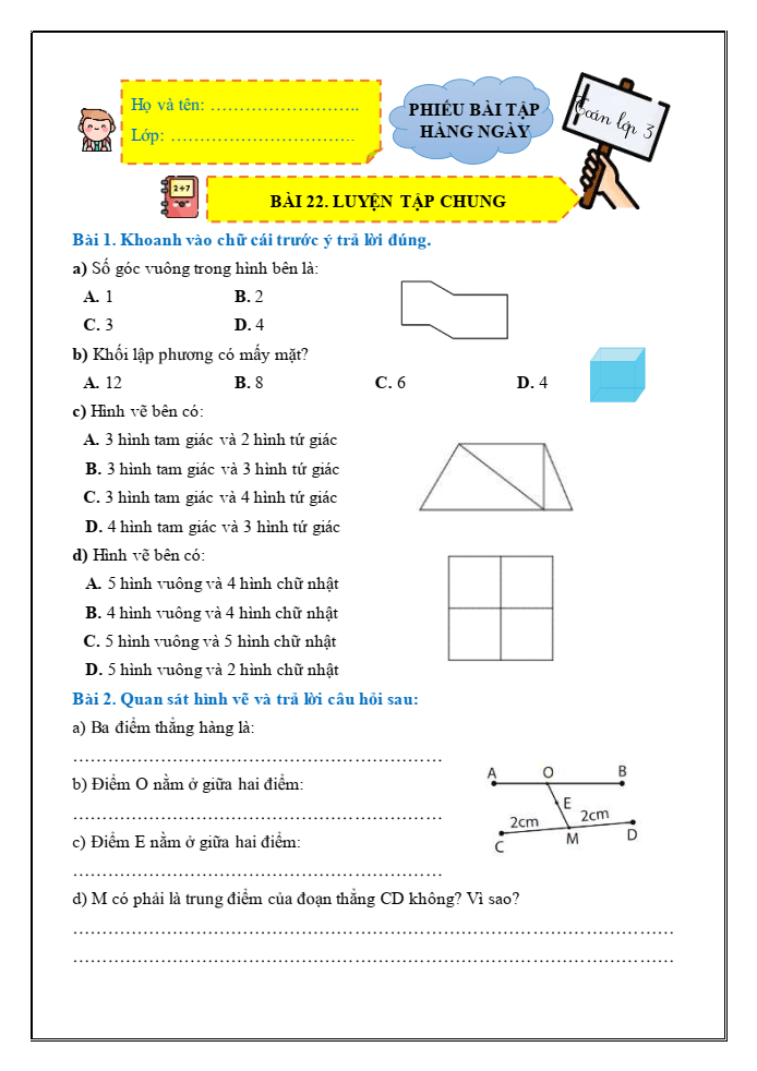 Bài tập hàng ngày Toán lớp 3 Bài 22: Luyện tập chung | Kết nối tri thức