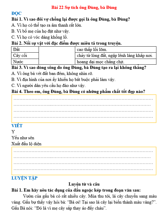 Bài tập hàng ngày Tiếng Việt lớp 3 Bài 22: Sự tích ông Đùng, bà Đùng | Kết nối tri thức