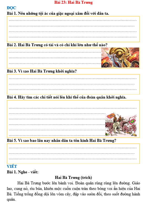 Bài tập hàng ngày Tiếng Việt lớp 3 Bài 23: Hai Bà Trưng | Kết nối tri thức