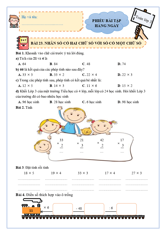 Bài tập hàng ngày Toán lớp 3 Bài 23: Nhân số có hai chữ số với số có một chữ số | Kết nối tri thức