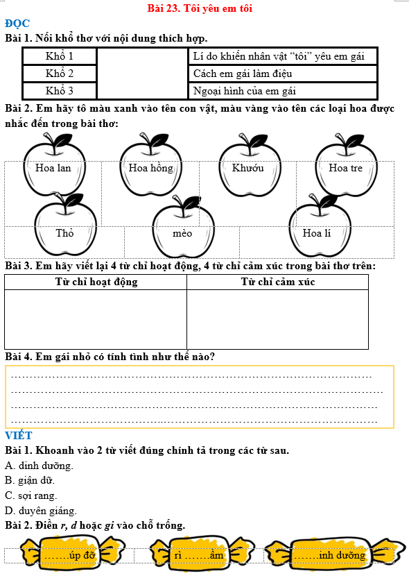 Bài tập hàng ngày Tiếng Việt lớp 3 Bài 23: Tôi yêu em tôi | Kết nối tri thức
