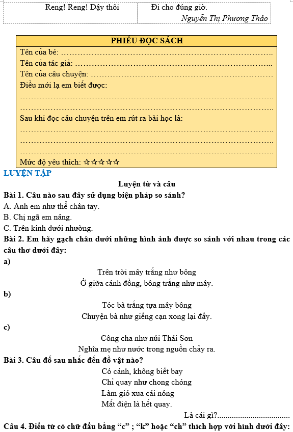 Bài tập hàng ngày Tiếng Việt lớp 3 Bài 24: Bạn nhỏ trong nhà | Kết nối tri thức