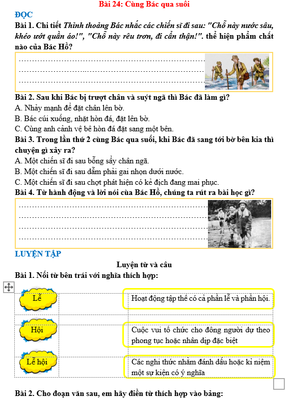 Bài tập hàng ngày Tiếng Việt lớp 3 Bài 24: Cùng Bác qua suối | Kết nối tri thức