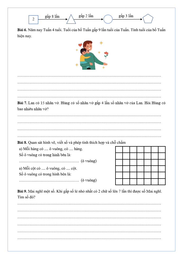 Bài tập hàng ngày Toán lớp 3 Bài 24: Gấp một số lên một số lần | Kết nối tri thức
