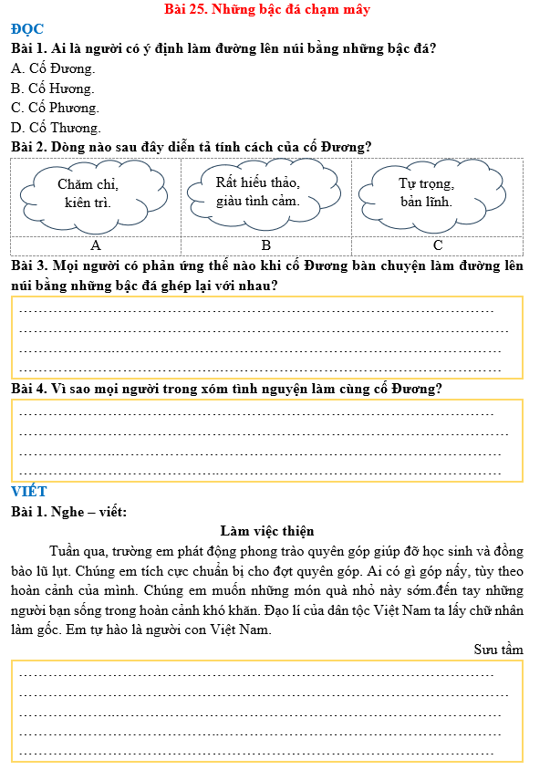 Bài tập hàng ngày Tiếng Việt lớp 3 Bài 25: Những bậc đá chạm mây | Kết nối tri thức