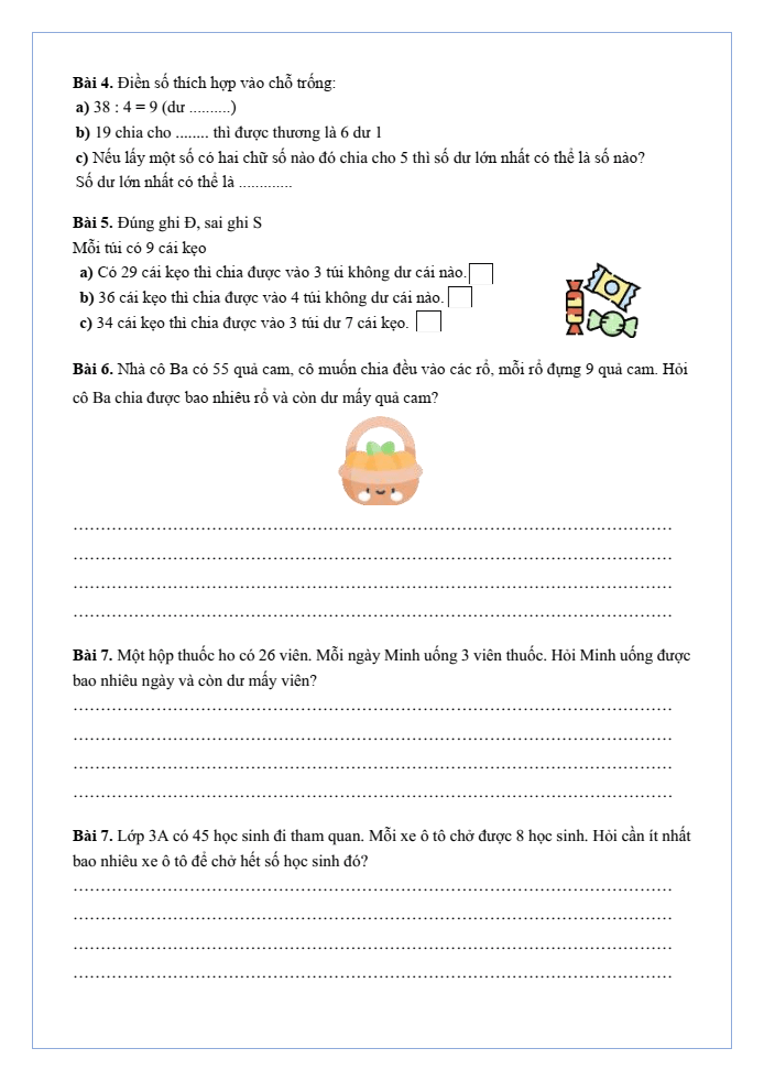 Bài tập hàng ngày Toán lớp 3 Bài 25: Phép chia hết, phép chia có dư | Kết nối tri thức