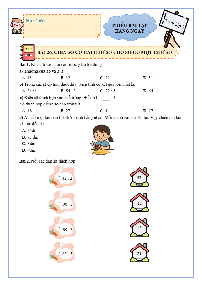 Bài tập hàng ngày Toán lớp 3 Bài 26: Chia số có hai chữ số cho số có một chữ số | Kết nối tri thức