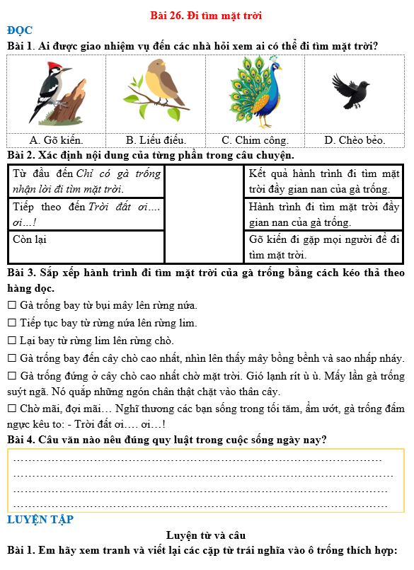 Bài tập hàng ngày Tiếng Việt lớp 3 Bài 26: Đi tìm mặt trời | Kết nối tri thức