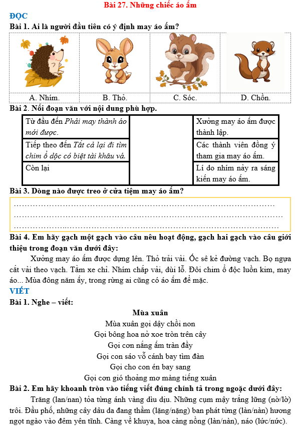 Bài tập hàng ngày Tiếng Việt lớp 3 Bài 27: Những chiếc áo ấm | Kết nối tri thức