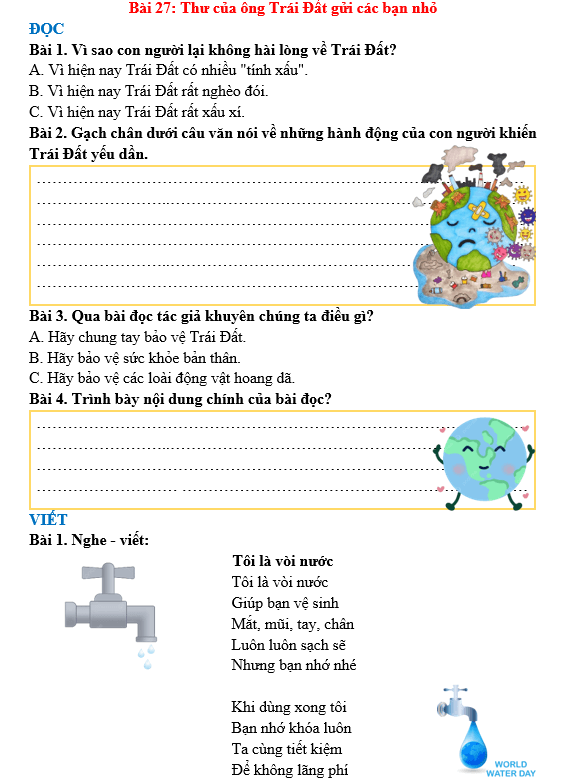 Bài tập hàng ngày Tiếng Việt lớp 3 Bài 27: Thư của ông Trái Đất gửi các bạn nhỏ | Kết nối tri thức