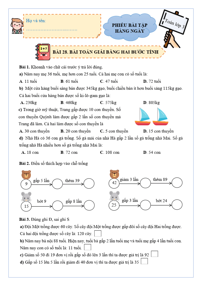 Bài tập hàng ngày Toán lớp 3 Bài 28: Bài toán giải bằng hai bước tính | Kết nối tri thức