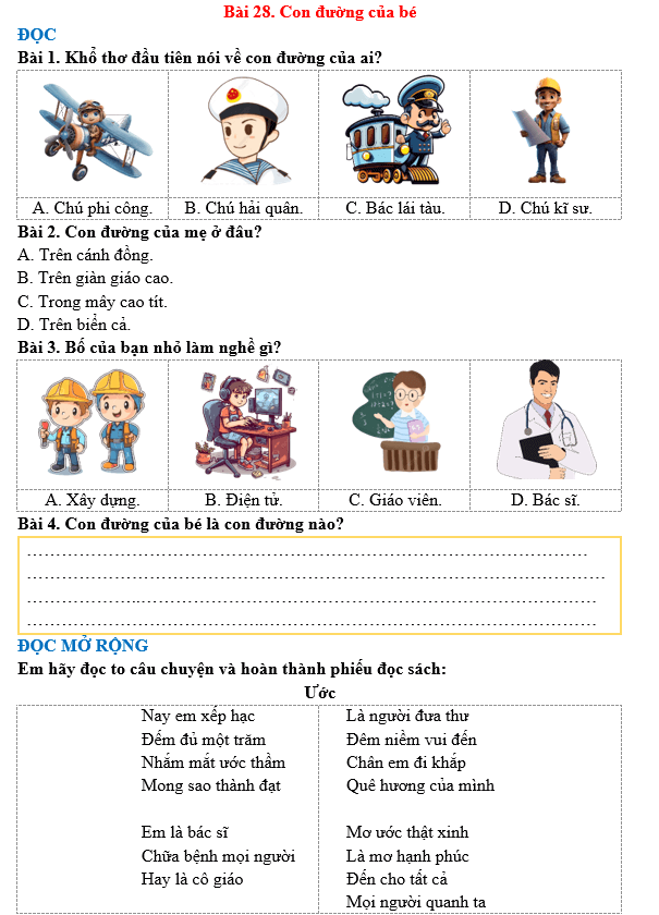 Bài tập hàng ngày Tiếng Việt lớp 3 Bài 28: Con đường của bé | Kết nối tri thức