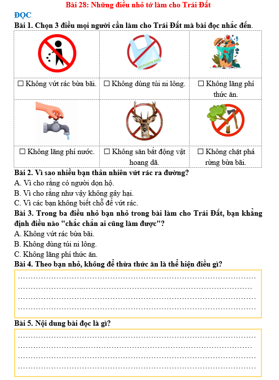 Bài tập hàng ngày Tiếng Việt lớp 3 Bài 28: Những điều nhỏ tớ làm cho Trái Đất | Kết nối tri thức