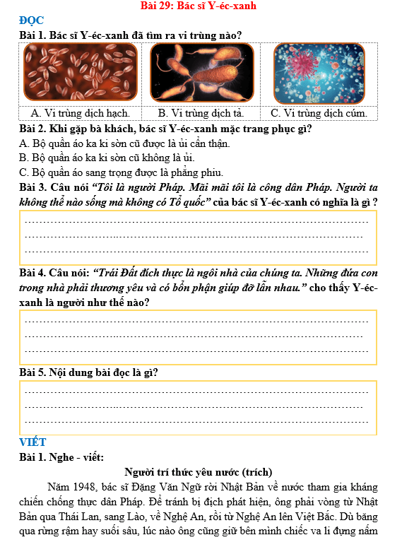 Bài tập hàng ngày Tiếng Việt lớp 3 Bài 29: Bác sĩ Y-éc-xanh | Kết nối tri thức