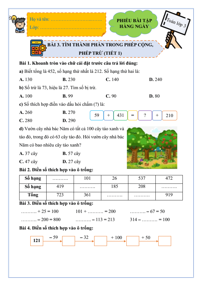 Bài tập hàng ngày Toán lớp 3 Bài 3: Tìm thành phần trong phép cộng, phép trừ | Kết nối tri thức