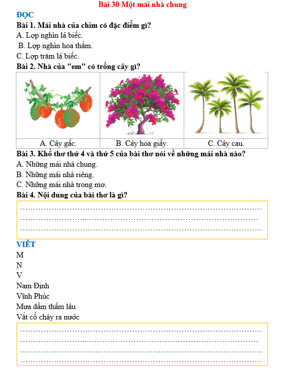 Bài tập hàng ngày Tiếng Việt lớp 3 Bài 30: Một mái nhà chung | Kết nối tri thức
