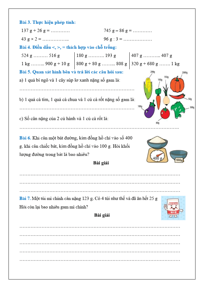 Bài tập hàng ngày Toán lớp 3 Bài 31: Gam | Kết nối tri thức