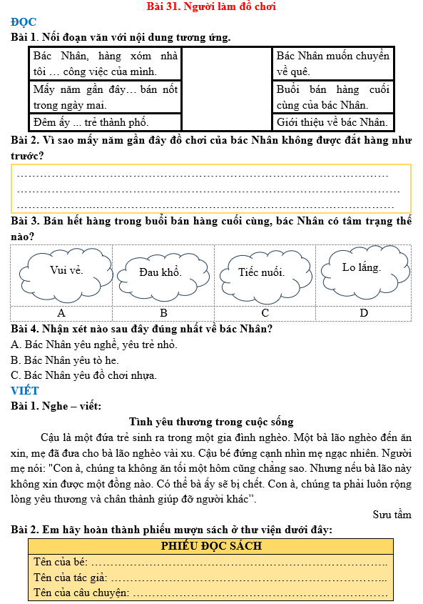 Bài tập hàng ngày Tiếng Việt lớp 3 Bài 31: Người làm đồ chơi | Kết nối tri thức