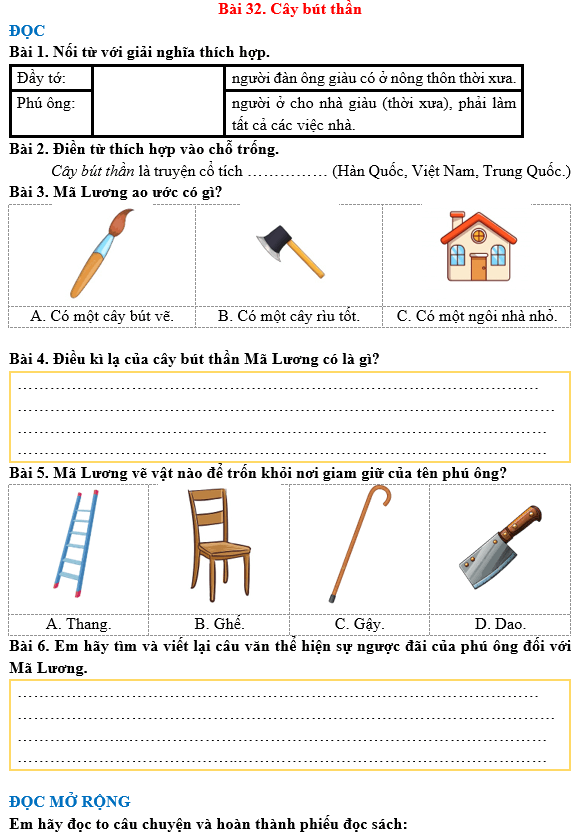 Bài tập hàng ngày Tiếng Việt lớp 3 Bài 32: Cây bút thần | Kết nối tri thức