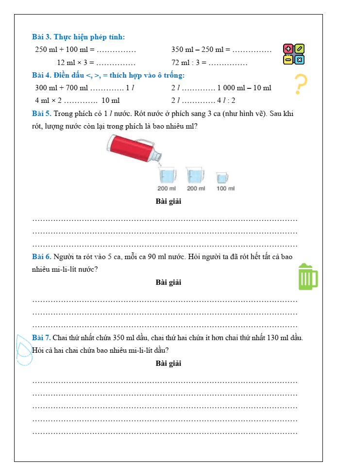 Bài tập hàng ngày Toán lớp 3 Bài 32: Mi - li - lít | Kết nối tri thức
