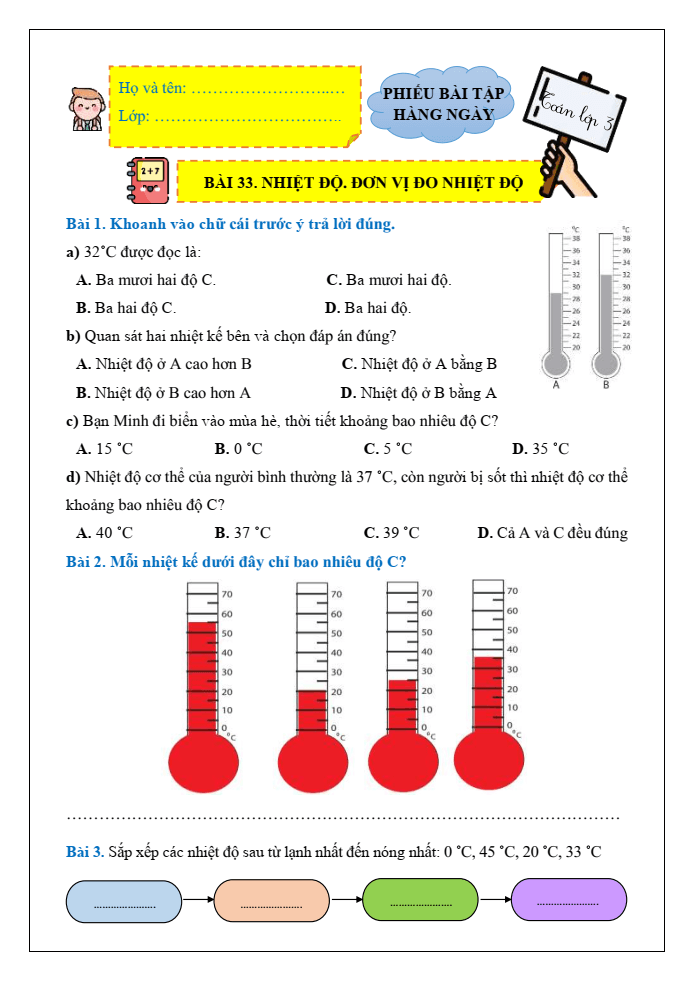 Bài tập hàng ngày Toán lớp 3 Bài 33: Nhiệt độ, Đơn vị đo nhiệt độ | Kết nối tri thức