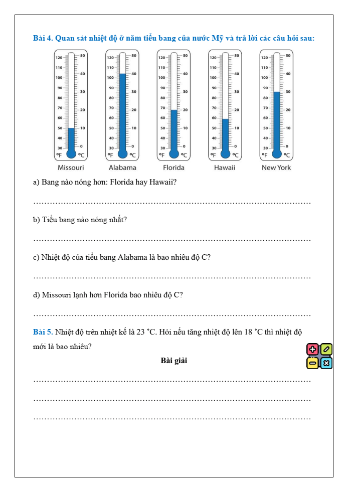 Bài tập hàng ngày Toán lớp 3 Bài 33: Nhiệt độ, Đơn vị đo nhiệt độ | Kết nối tri thức