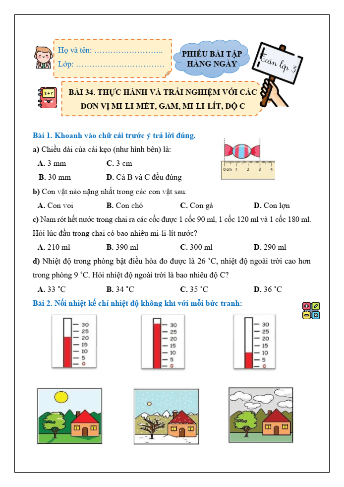 Bài tập hàng ngày Toán lớp 3 Bài 34: Thực hành và trải nghiệm với các đơn vị mi - li - mét, gam, mi - li - lít, độ C | Kết nối tri thức