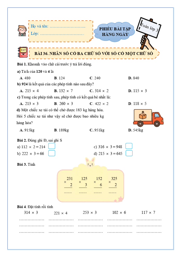 Bài tập hàng ngày Toán lớp 3 Bài 36: Nhân số có ba chữ số với số có một chữ số | Kết nối tri thức