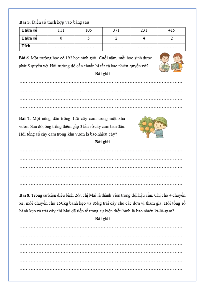 Bài tập hàng ngày Toán lớp 3 Bài 36: Nhân số có ba chữ số với số có một chữ số | Kết nối tri thức