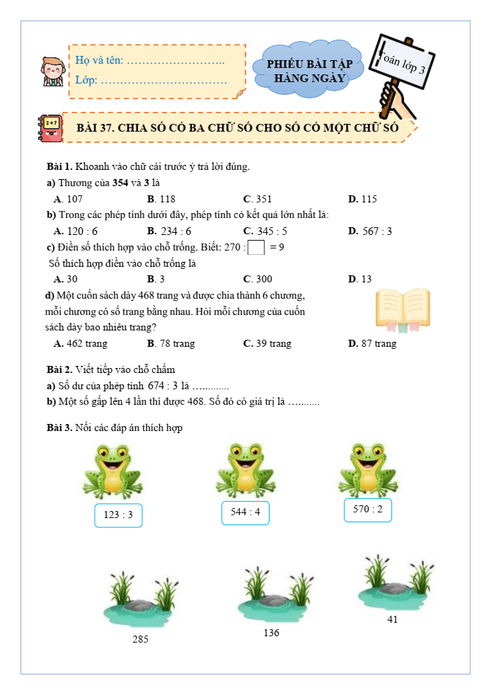 Bài tập hàng ngày Toán lớp 3 Bài 37: Chia số có ba chữ số cho số có một chữ số | Kết nối tri thức