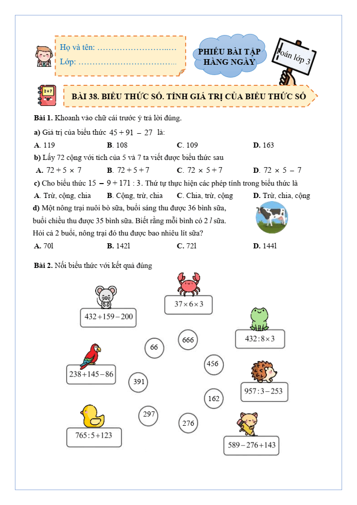 Bài tập hàng ngày Toán lớp 3 Bài 38: Biểu thức số. Tính giá trị của biểu thức số | Kết nối tri thức