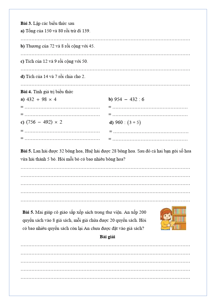 Bài tập hàng ngày Toán lớp 3 Bài 38: Biểu thức số. Tính giá trị của biểu thức số | Kết nối tri thức