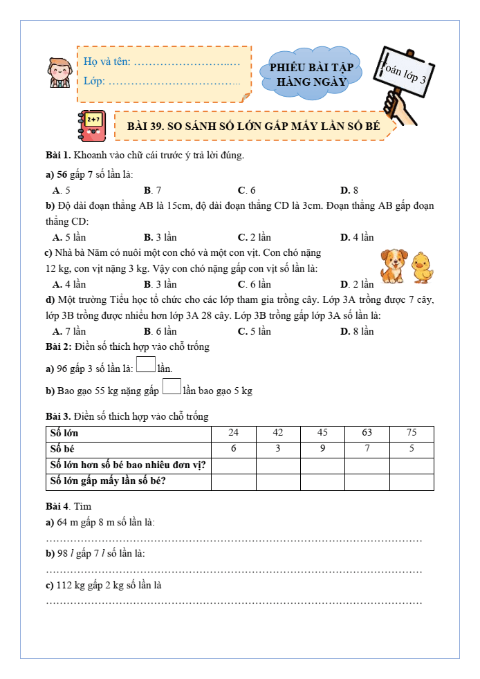 Bài tập hàng ngày Toán lớp 3 Bài 39: So sánh số lớn gấp mấy lần số bé | Kết nối tri thức