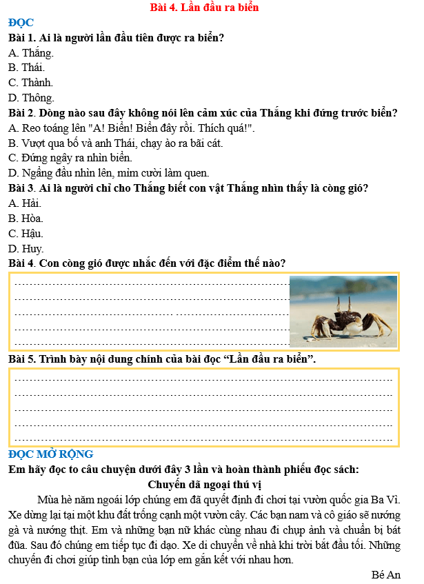 Bài tập hàng ngày Tiếng Việt lớp 3 Bài 4: Lần đầu ra biển | Kết nối tri thức