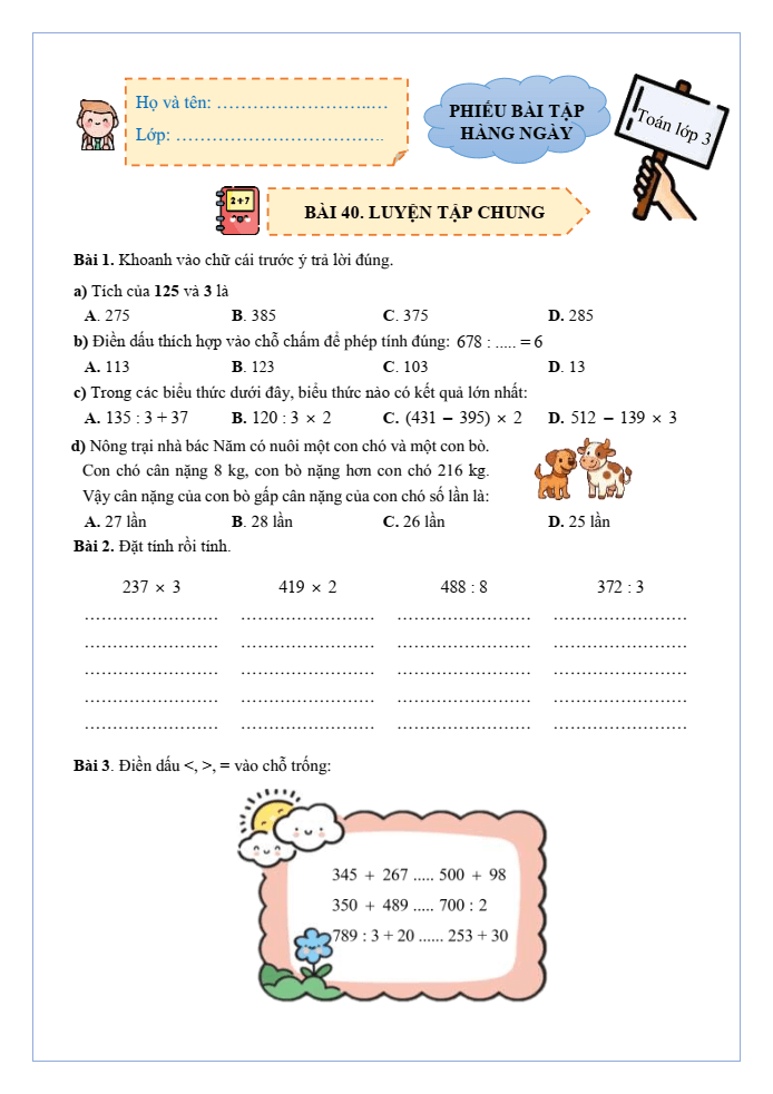 Bài tập hàng ngày Toán lớp 3 Bài 40: Luyện tập chung | Kết nối tri thức