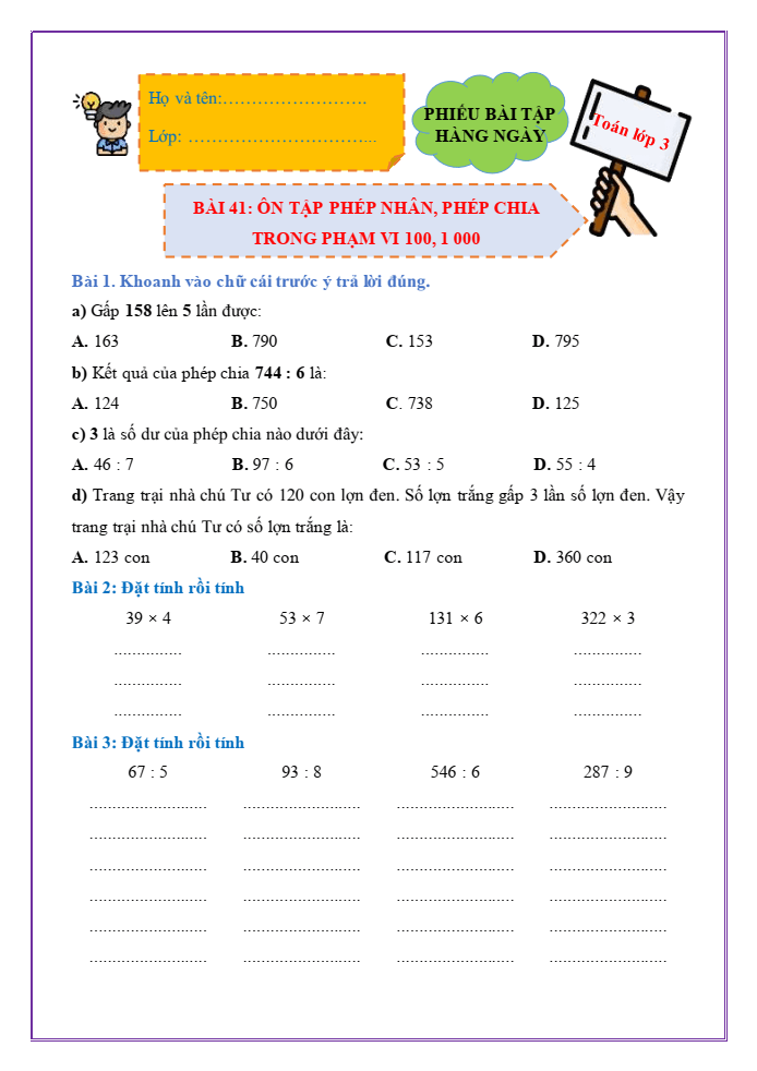 Bài tập hàng ngày Toán lớp 3 Bài 41: Ôn tập phép nhân, phép chia trong phạm vi 100, 1000 | Kết nối tri thức