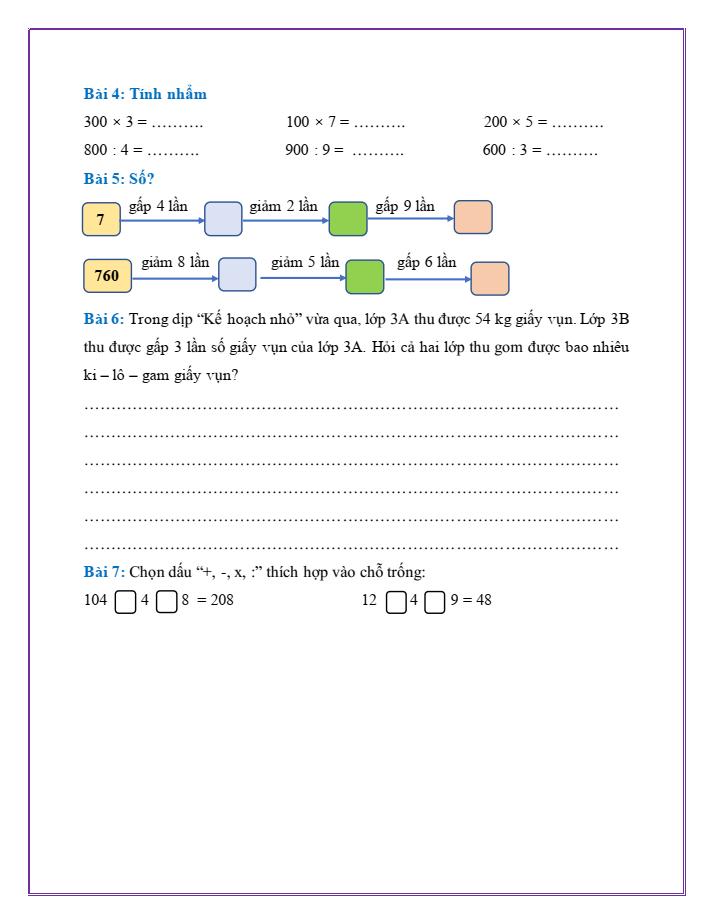 Bài tập hàng ngày Toán lớp 3 Bài 41: Ôn tập phép nhân, phép chia trong phạm vi 100, 1000 | Kết nối tri thức