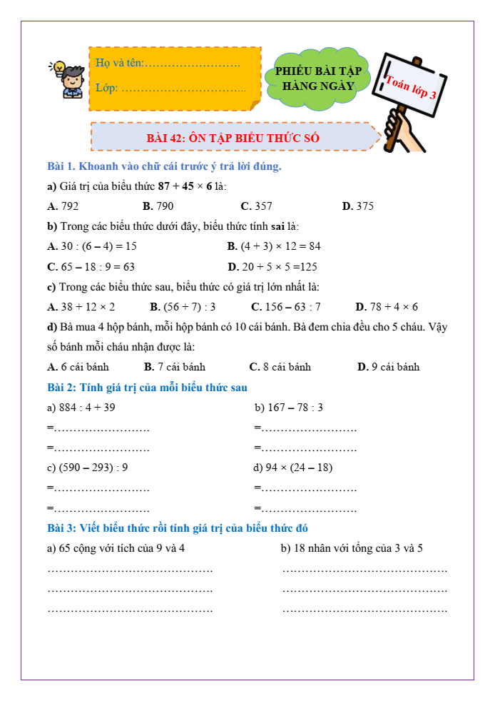 Bài tập hàng ngày Toán lớp 3 Bài 42: Ôn tập biểu thức số | Kết nối tri thức