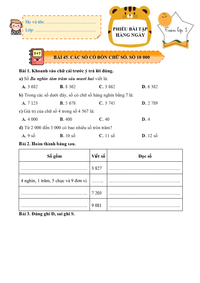 Bài tập hàng ngày Toán lớp 3 Bài 45: Các số có bốn chữ số. Số 10000 | Kết nối tri thức