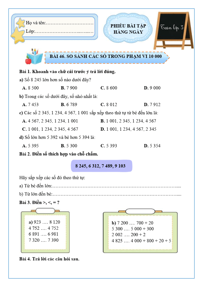 Bài tập hàng ngày Toán lớp 3 Bài 46: So sánh các số trong phạm vi 10000 | Kết nối tri thức